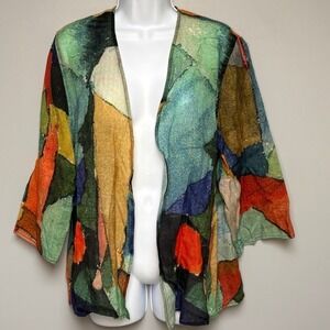 100% Wool Artsy Watercolor Lightweight Lagenlook Hippie Open Cardigan Sz M